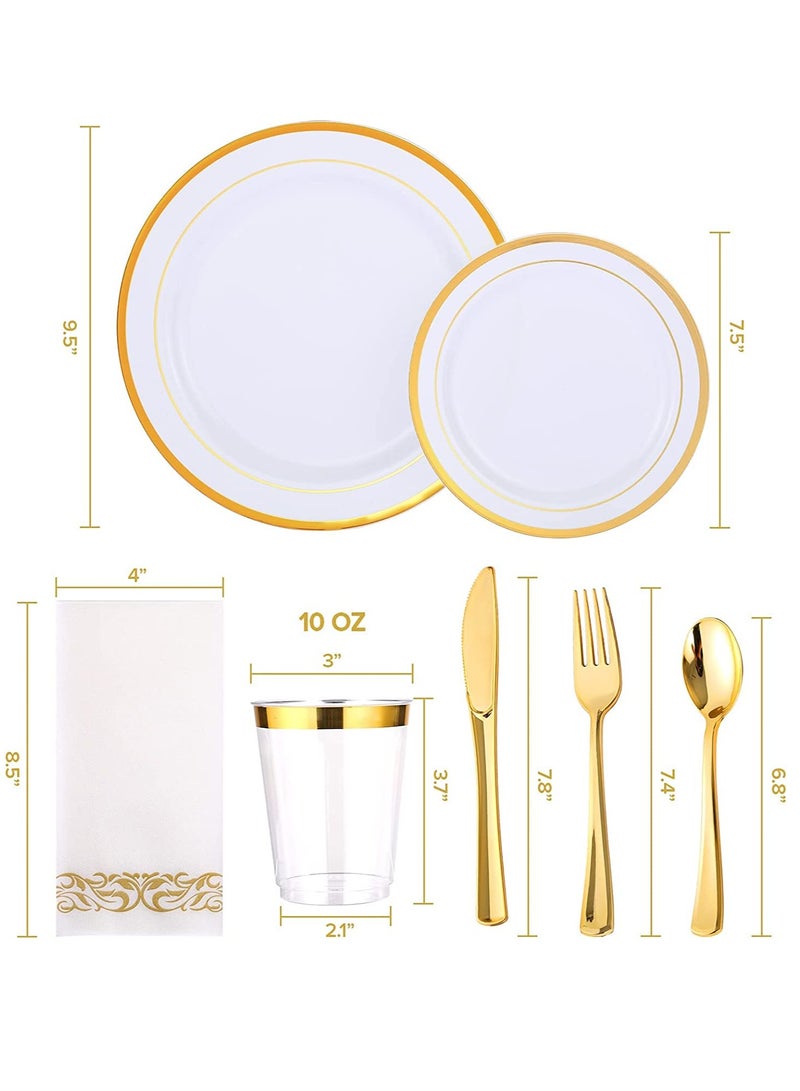 Disposable Dinnerware Set, 175PCS Party Supplies 25 Rim Plastic Plates 25 Plastic Silverware 25 Plastic Cups 25 Linen Paper Napkins for Wedding Anniversary Graduation Birthday(Gold)