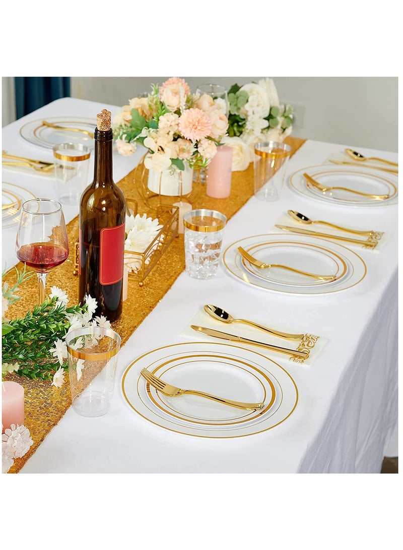 Disposable Dinnerware Set, 175PCS Party Supplies 25 Rim Plastic Plates 25 Plastic Silverware 25 Plastic Cups 25 Linen Paper Napkins for Wedding Anniversary Graduation Birthday(Gold)