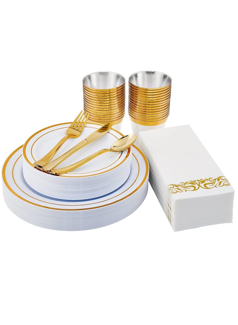 Disposable Dinnerware Set, 175PCS Party Supplies 25 Rim Plastic Plates 25 Plastic Silverware 25 Plastic Cups 25 Linen Paper Napkins for Wedding Anniversary Graduation Birthday(Gold)