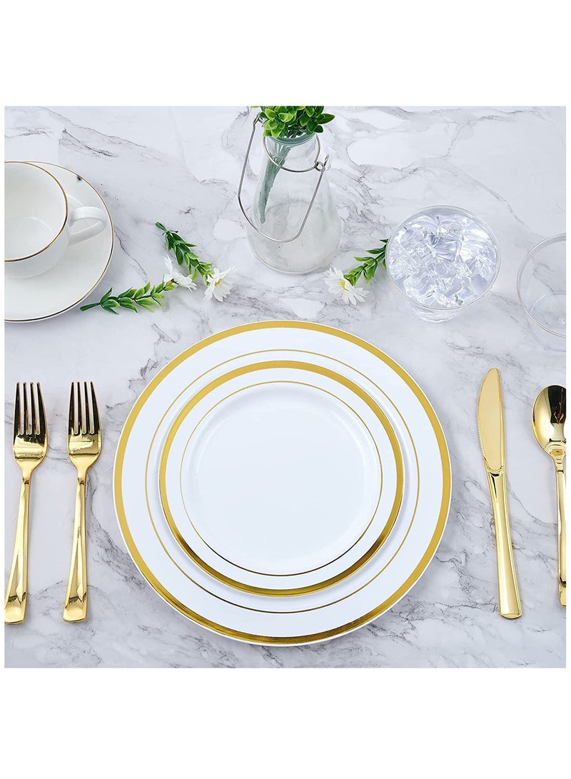 Disposable Dinnerware Set, 175PCS Party Supplies 25 Rim Plastic Plates 25 Plastic Silverware 25 Plastic Cups 25 Linen Paper Napkins for Wedding Anniversary Graduation Birthday(Gold)