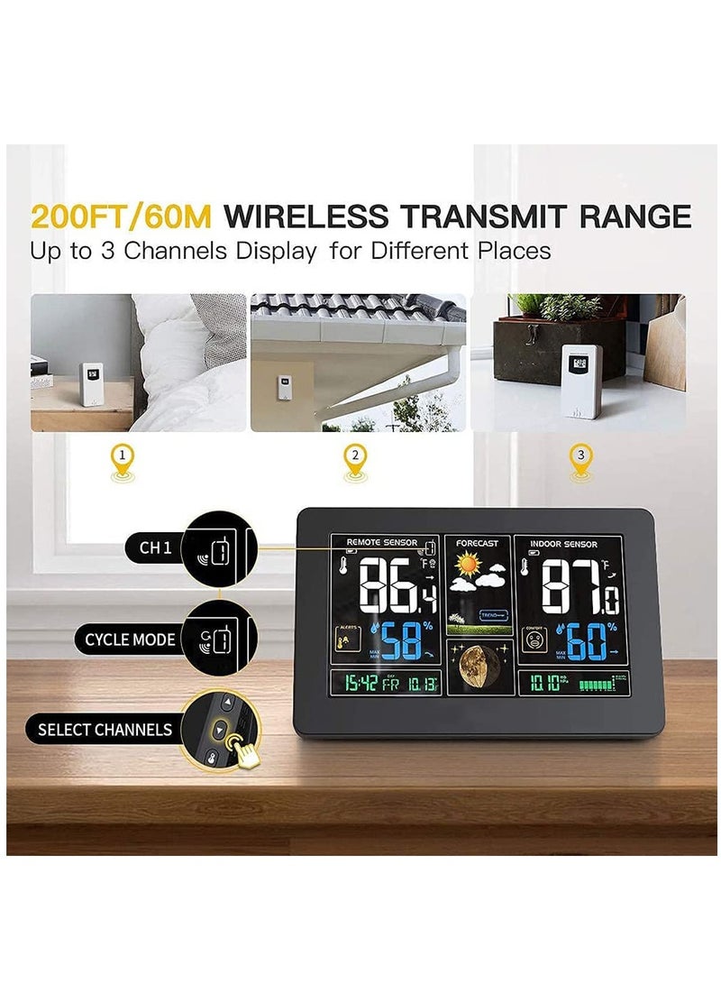 Weather Station Wireless Indoor Outdoor Thermometer, Color Display Digital Weather Thermometer with Atomic Clock, Forecast Station with Calendar and Adjustable Backlight