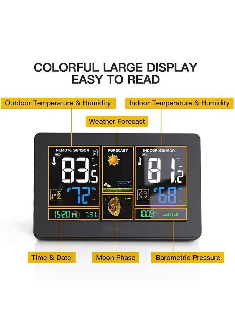 Weather Station Wireless Indoor Outdoor Thermometer, Color Display Digital Weather Thermometer with Atomic Clock, Forecast Station with Calendar and Adjustable Backlight