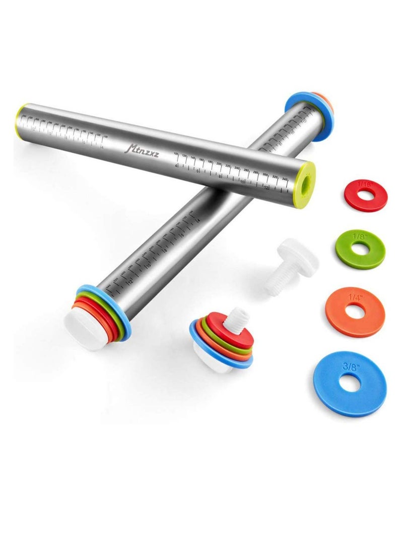 Rolling Pin and Silicone Baking Pastry Mat Set, Stainless Steel Dough Roller with Adjustable Thickness Rings, for Pizza, Pie, Pastries, Pasta, Cookies