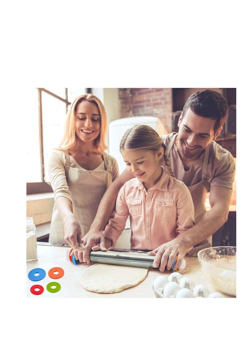 Rolling Pin and Silicone Baking Pastry Mat Set, Stainless Steel Dough Roller with Adjustable Thickness Rings, for Pizza, Pie, Pastries, Pasta, Cookies