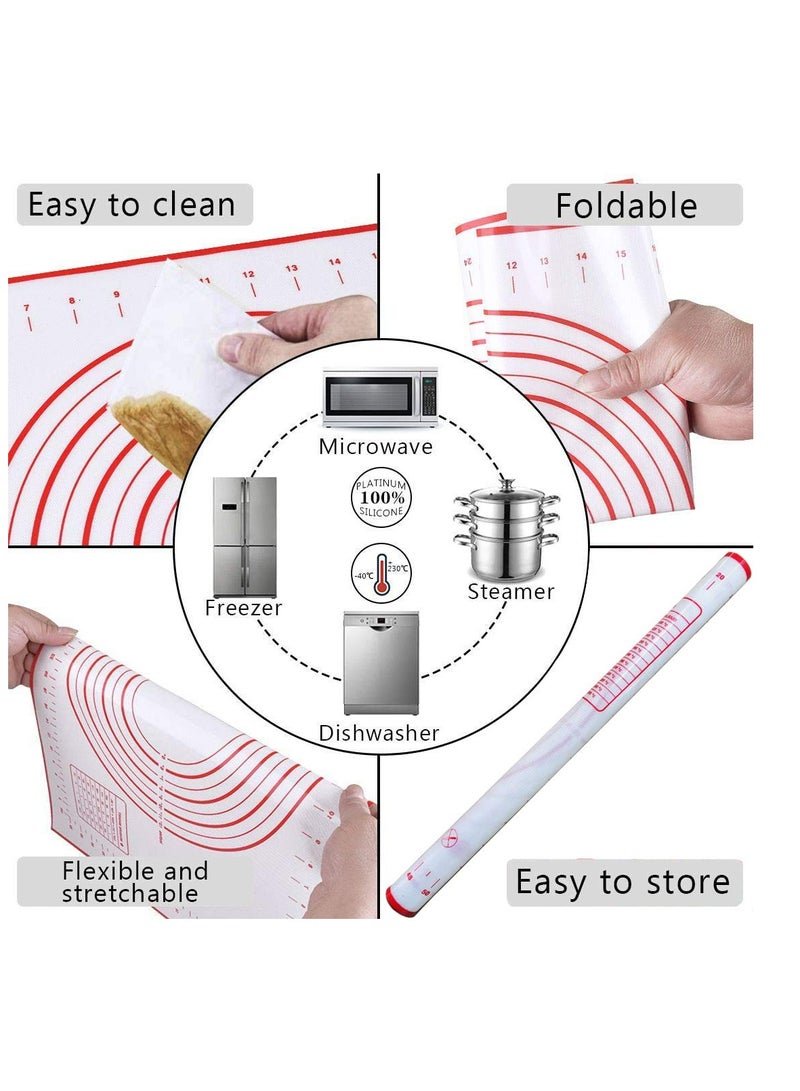 Rolling Pin and Silicone Baking Pastry Mat Set, Stainless Steel Dough Roller with Adjustable Thickness Rings, for Pizza, Pie, Pastries, Pasta, Cookies
