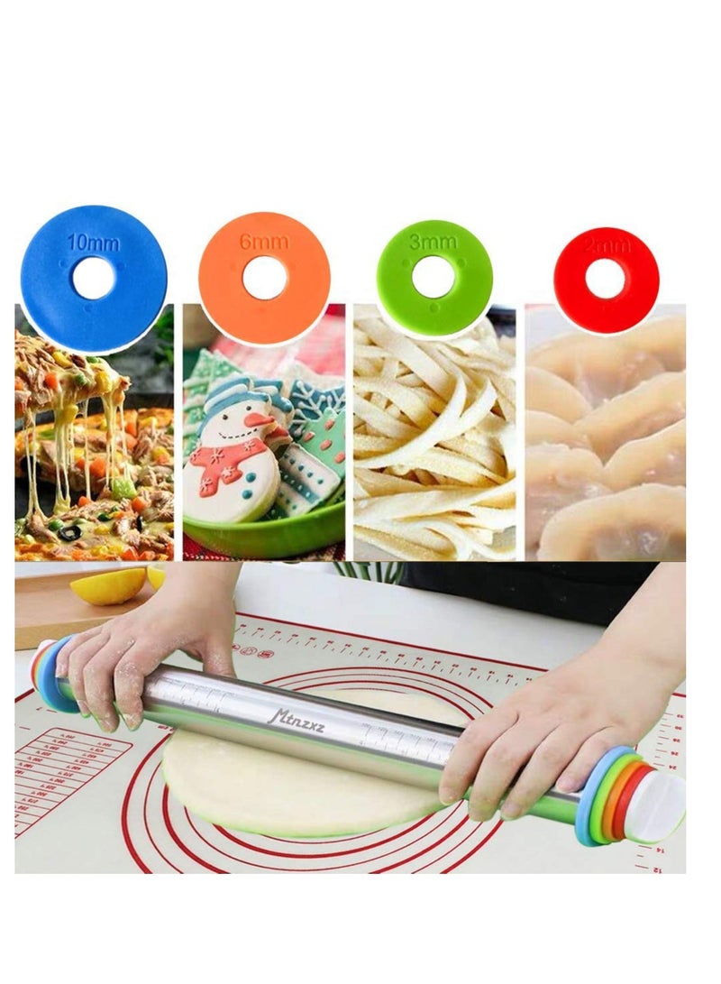 Rolling Pin and Silicone Baking Pastry Mat Set, Stainless Steel Dough Roller with Adjustable Thickness Rings, for Pizza, Pie, Pastries, Pasta, Cookies