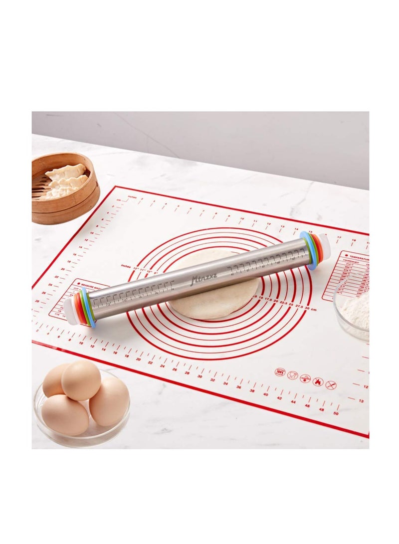 Rolling Pin and Silicone Baking Pastry Mat Set, Stainless Steel Dough Roller with Adjustable Thickness Rings, for Pizza, Pie, Pastries, Pasta, Cookies