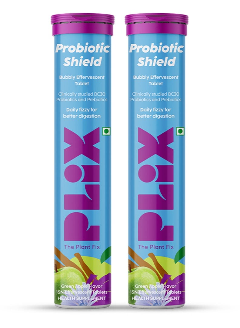 PLIX - THE PLANT FIX Probiotic Shield Pre+Probiotic 30 Effervescent Tablets For Good Gut, Digestion, Metabolism With 20 Billion CFUs, Vital Probiotic Strains, Pack of 2 (Green Apple)