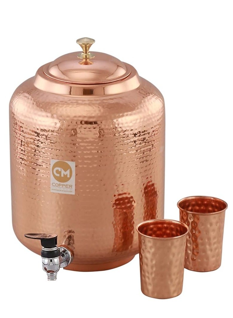 5 Litre Pure Copper Hammered Water Dispenser (Matka) Container Pot with 1Pure Copper Glasses Pure Copper and Ayurvedic Health Benefits (5000 ml + 600 ml)