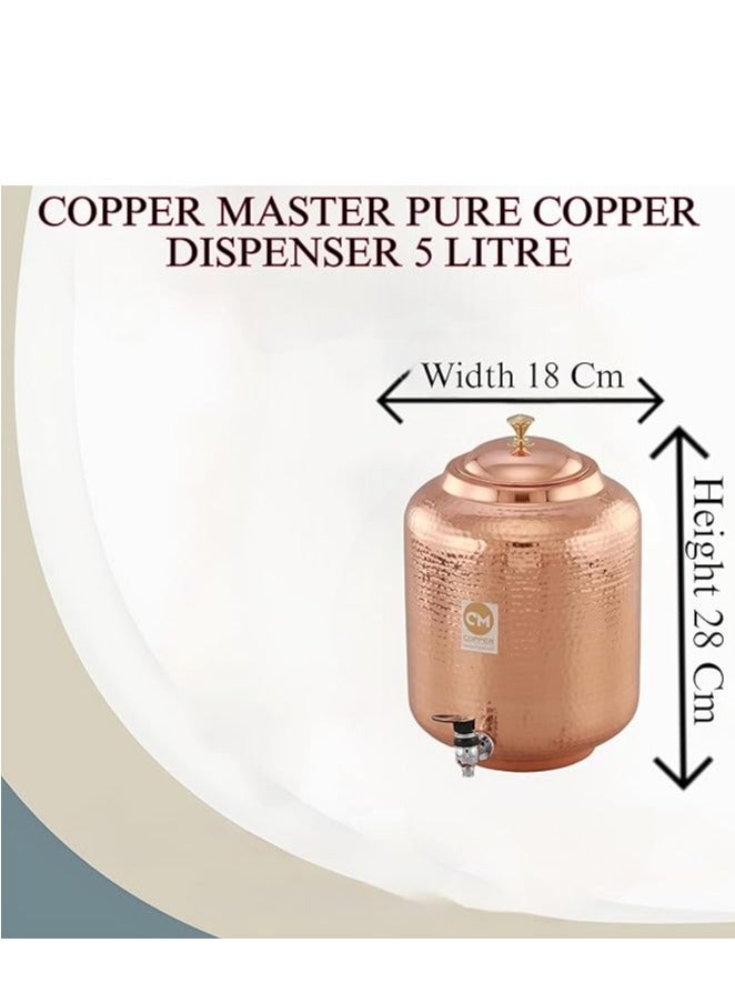 5 Litre Pure Copper Hammered Water Dispenser (Matka) Container Pot with 1Pure Copper Glasses Pure Copper and Ayurvedic Health Benefits (5000 ml + 600 ml)