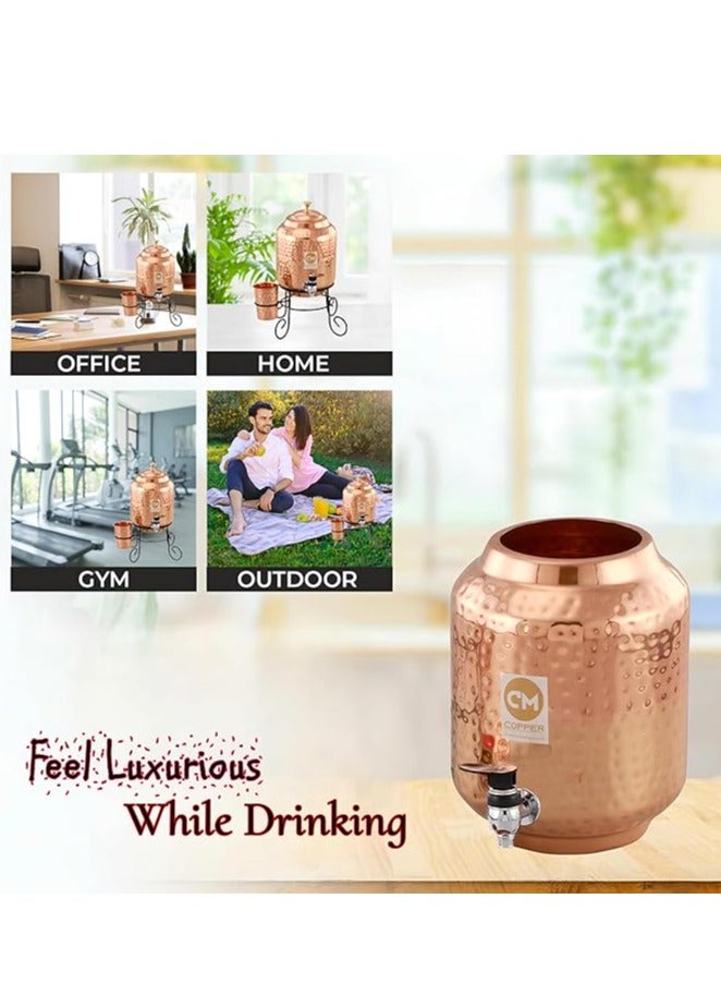 5 Litre Pure Copper Hammered Water Dispenser (Matka) Container Pot with 1Pure Copper Glasses Pure Copper and Ayurvedic Health Benefits (5000 ml + 600 ml)