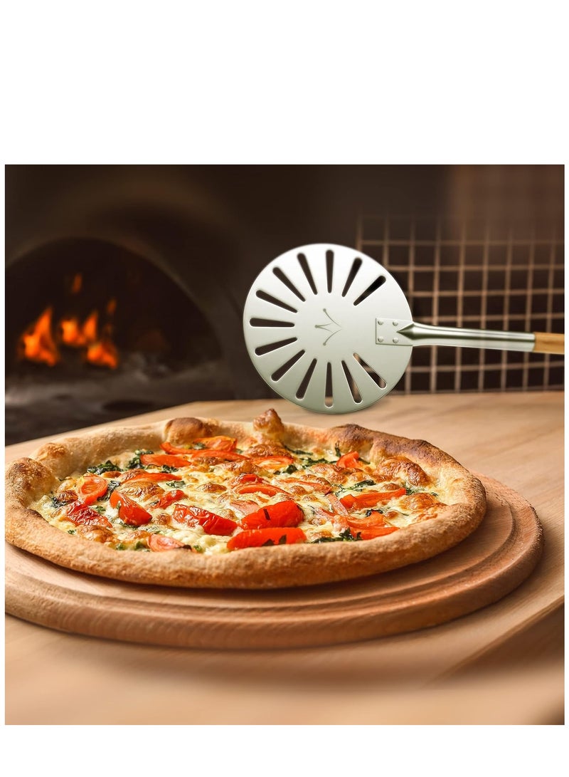 9-inch Pizza Turning Peel - Metal Pizza Peel Spinner - Perforated Turning Pizza Peel with Detachable Wood Handle - Aluminum Pizza Turner