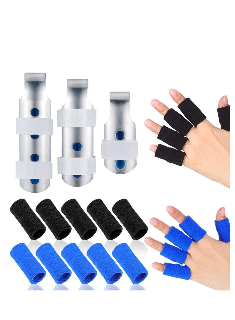 3Pieces Finger Splints, Metal Finger Support Finger Stabilizer in 3 Sizes and 20 Pieces Finger Sleeves Protectors Thumb Brace Support Elastic Compression Protector for Sports