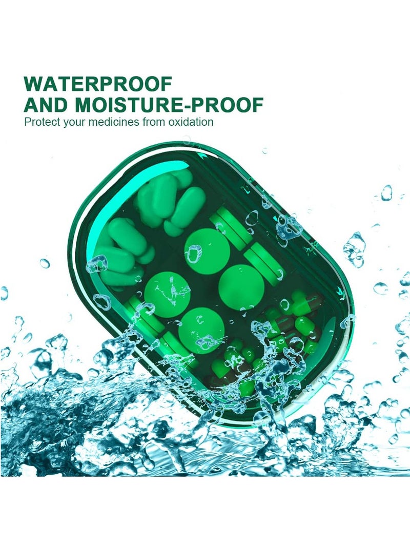 Small Pill Box, Travel Pill Case for Pocket, Waterproof Pill Organizer with 6 Compartments, Portable Compact Medicine Containers, Daily Dispenser Reminder Pill Box (Green)