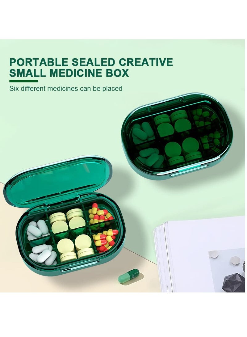 Small Pill Box, Travel Pill Case for Pocket, Waterproof Pill Organizer with 6 Compartments, Portable Compact Medicine Containers, Daily Dispenser Reminder Pill Box (Green)