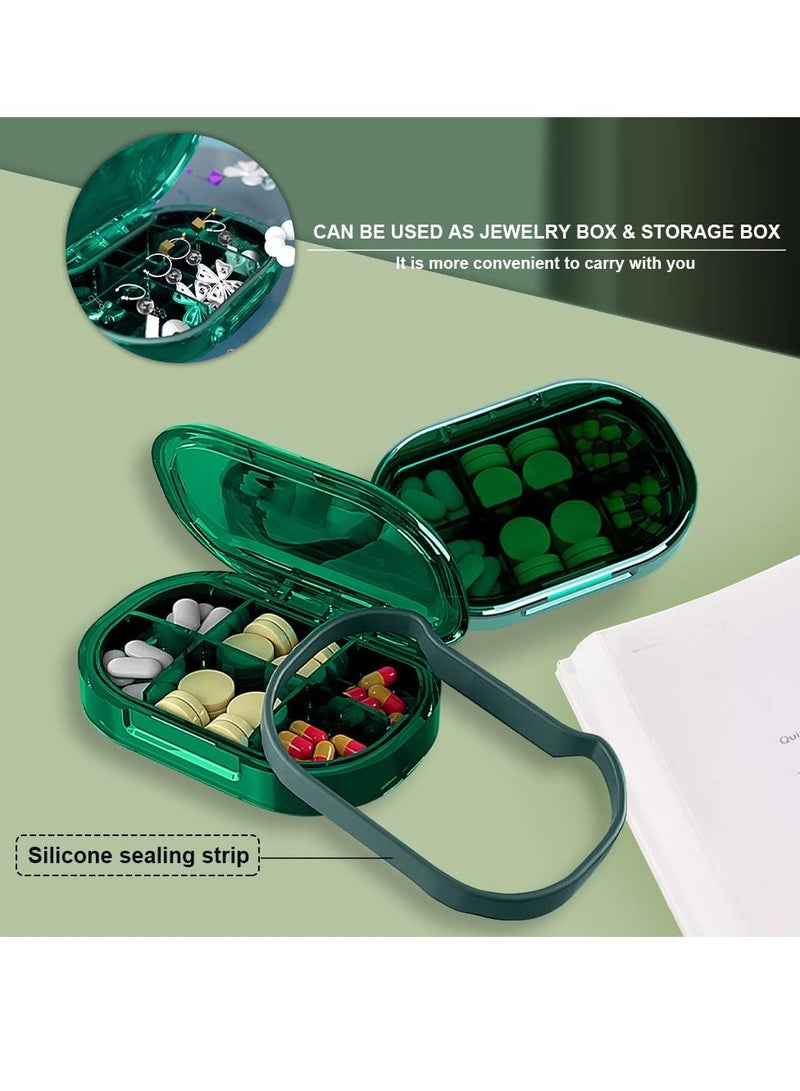 Small Pill Box, Travel Pill Case for Pocket, Waterproof Pill Organizer with 6 Compartments, Portable Compact Medicine Containers, Daily Dispenser Reminder Pill Box (Green)