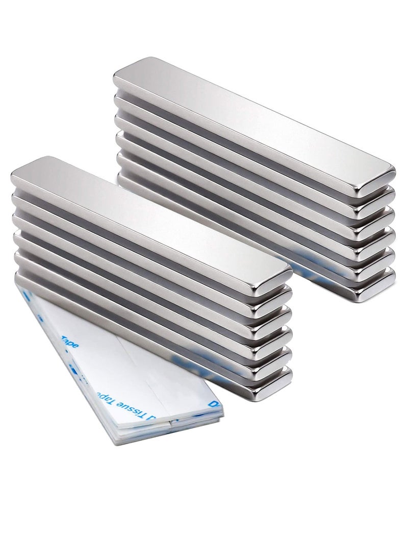 Powerful Neodymium Bar Magnets (60x10x3mm) 12 Packs Strong Waterproof Rare Earth Magnets with Epoxy Coating and Double-Sided Adhesive for Fridge Shower Doors Office and More