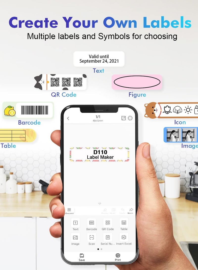 D110 Mini Label Maker Machine with Tape - Portable Bluetooth Label Printer for Home and Office Organization, Featuring Multiple Templates for Handheld Labeling.