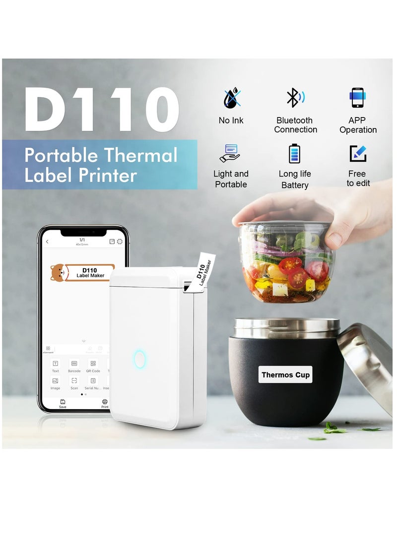 D110 Mini Label Maker Machine with Tape - Portable Bluetooth Label Printer for Home and Office Organization, Featuring Multiple Templates for Handheld Labeling.