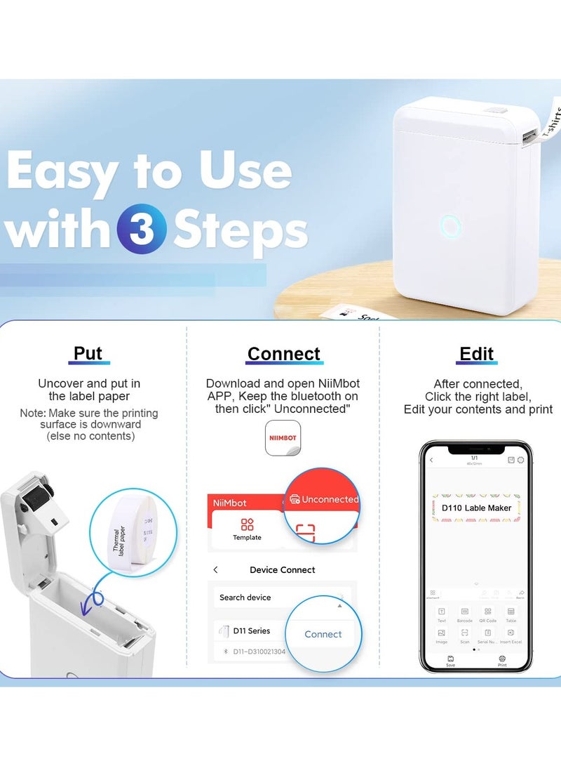 D110 Mini Label Maker Machine with Tape - Portable Bluetooth Label Printer for Home and Office Organization, Featuring Multiple Templates for Handheld Labeling.