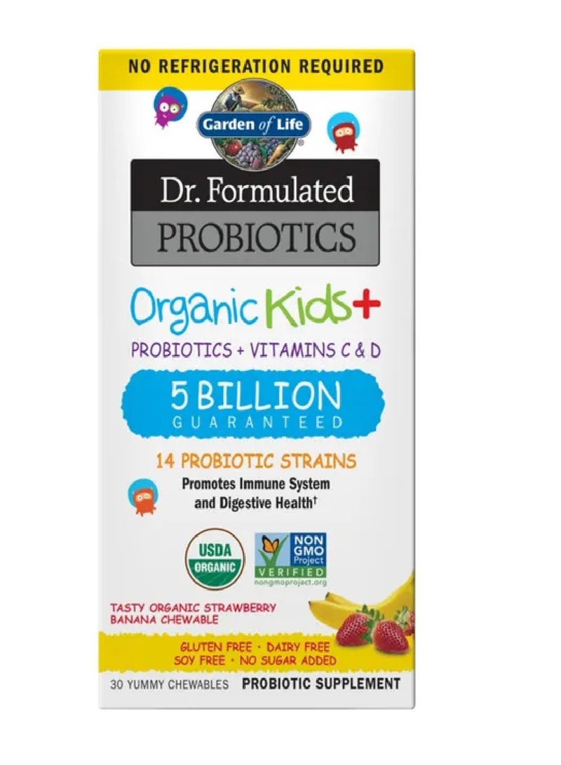 Dr. Formulated Probiotics, Organic Kids +, Tasty Organic Strawberry Banana, 30 Yummy Chewables