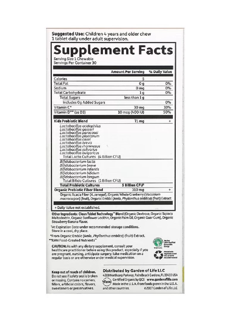 Dr. Formulated Probiotics, Organic Kids +, Tasty Organic Strawberry Banana, 30 Yummy Chewables