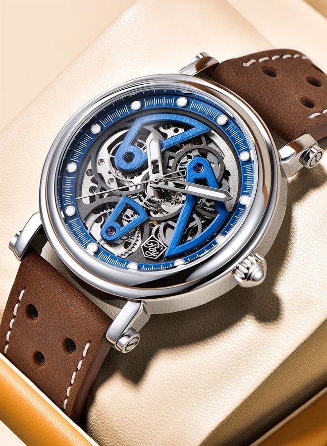 Men's Fashion Automatic Watch, Stainless Steel 40MM Frame, Silver Blue Dial, Brown Leather Strap