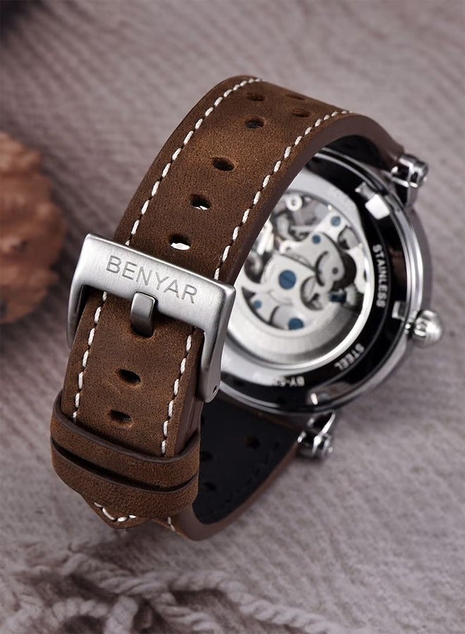 Men's Fashion Automatic Watch, Stainless Steel 40MM Frame, Silver Blue Dial, Brown Leather Strap