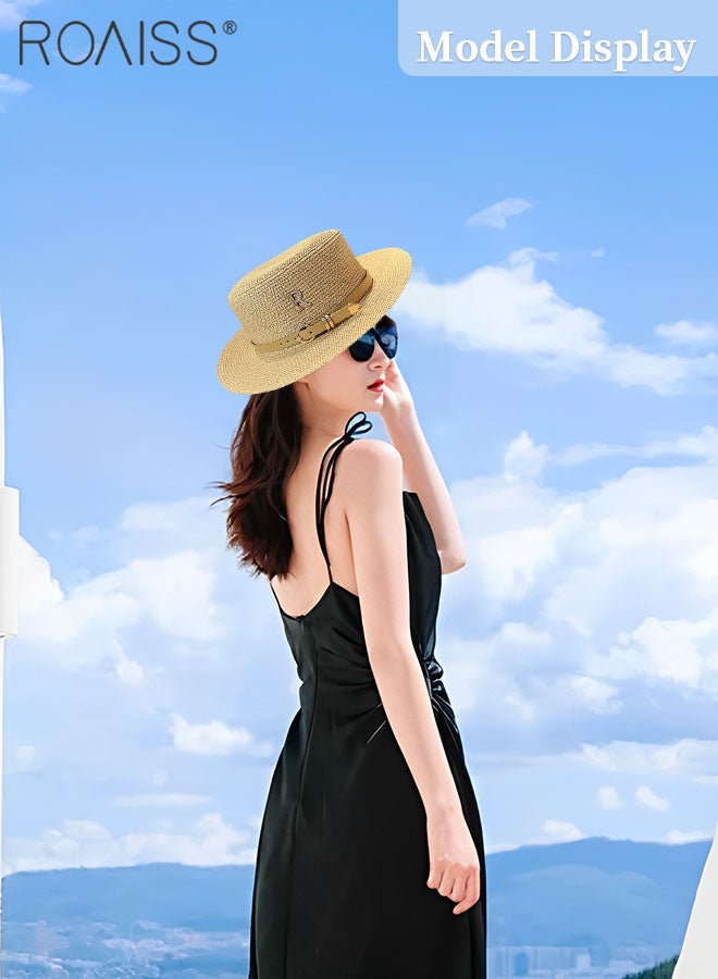 2 Pcs Classic Flat Top Straw Hat for Women Summer Beach Hat Vacation Sunshade Sunscreen Woven Hat Letter Decor Sun Hat Fashion Accessories