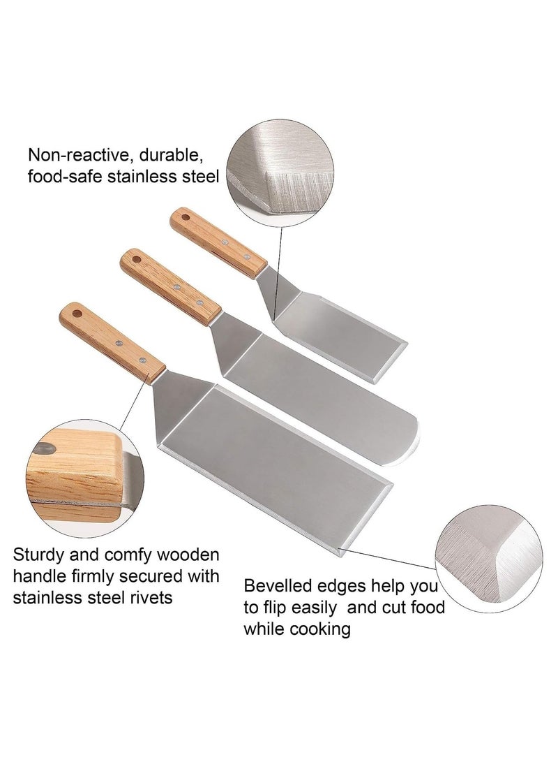 Metal Spatula Set - Stainless Steel Pancake Turner and Griddle Flipper Scraper 4x8 inch Oversized Hamburger Turner Great for Griddle BBQ Grill and Flat Top Cooking(3 PCS)