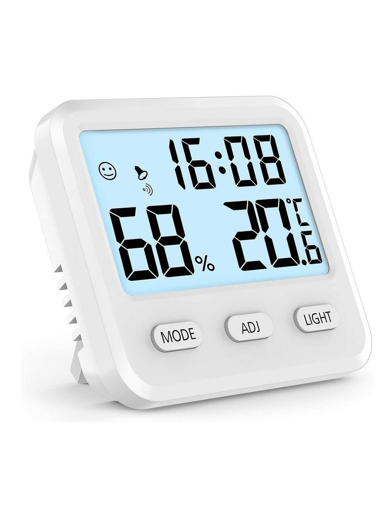 Digital Hygrometer Indoor Thermometer, Humidity Gauge Indicator Room Built-in Clock and Time Display，Accurate Temperature Monitor Meter for Home, Office, Home Cellar Greenhouse Accurate Temp(White)