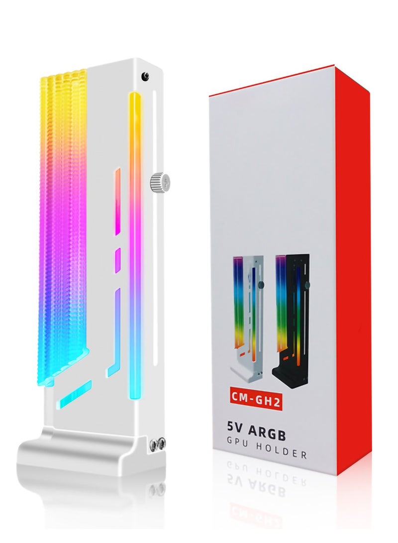ARGB 3 Pin GPU Support Bracket, GPU Holder Bracket Brace Magnetic Base Graphics Card GPU Support Video Card Holder Bracket with ARGB 5V LED Length, Height, Sliding Adjustment(White)