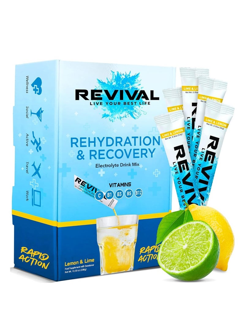 Revival Rapid Rehydration Electrolytes Powder - High Strength Vitamin C, B1, B3, B5, B12 Supplement Sachet Drink lemon and lime 60 gm