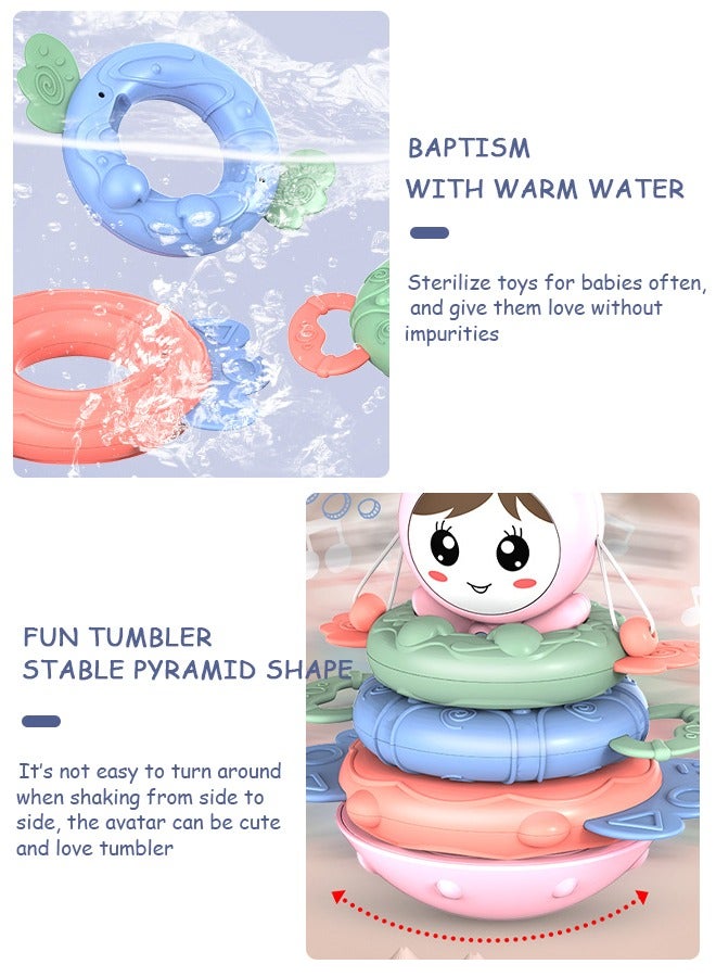 Doll Tumbler Wobbler Toy  4-in-1 Soft Durable Baby Teethers Educational Tools with Light Music 5 Modes Gift for Newborns Infants Boys Girls