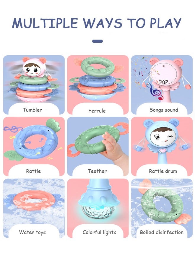 Doll Tumbler Wobbler Toy  4-in-1 Soft Durable Baby Teethers Educational Tools with Light Music 5 Modes Gift for Newborns Infants Boys Girls