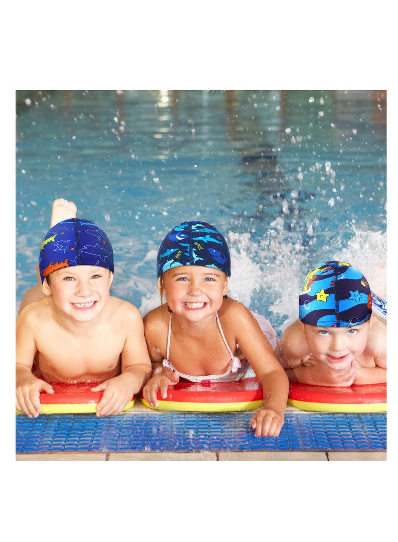 Kids Swim Caps - 3-Piece Shark and Dolphin Bathing Swimming Hats for Boys and Girls - Unisex Polyester Caps for Summer Water Adventures