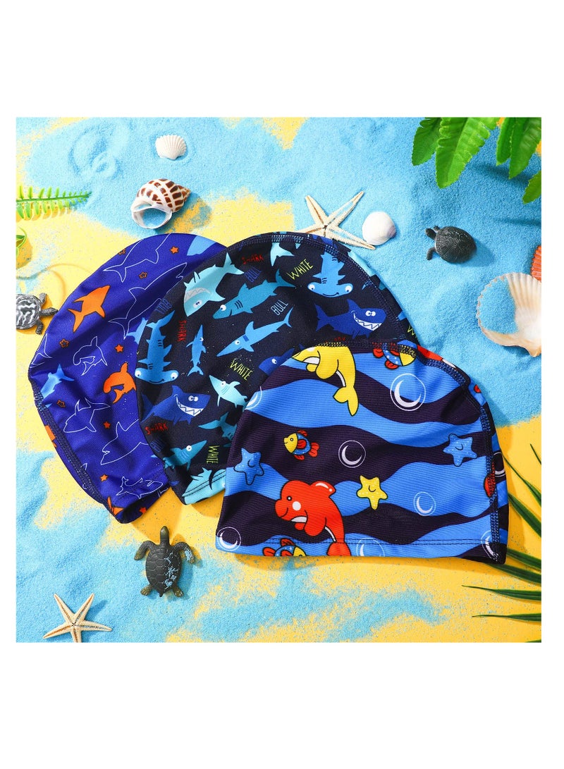 Kids Swim Caps - 3-Piece Shark and Dolphin Bathing Swimming Hats for Boys and Girls - Unisex Polyester Caps for Summer Water Adventures