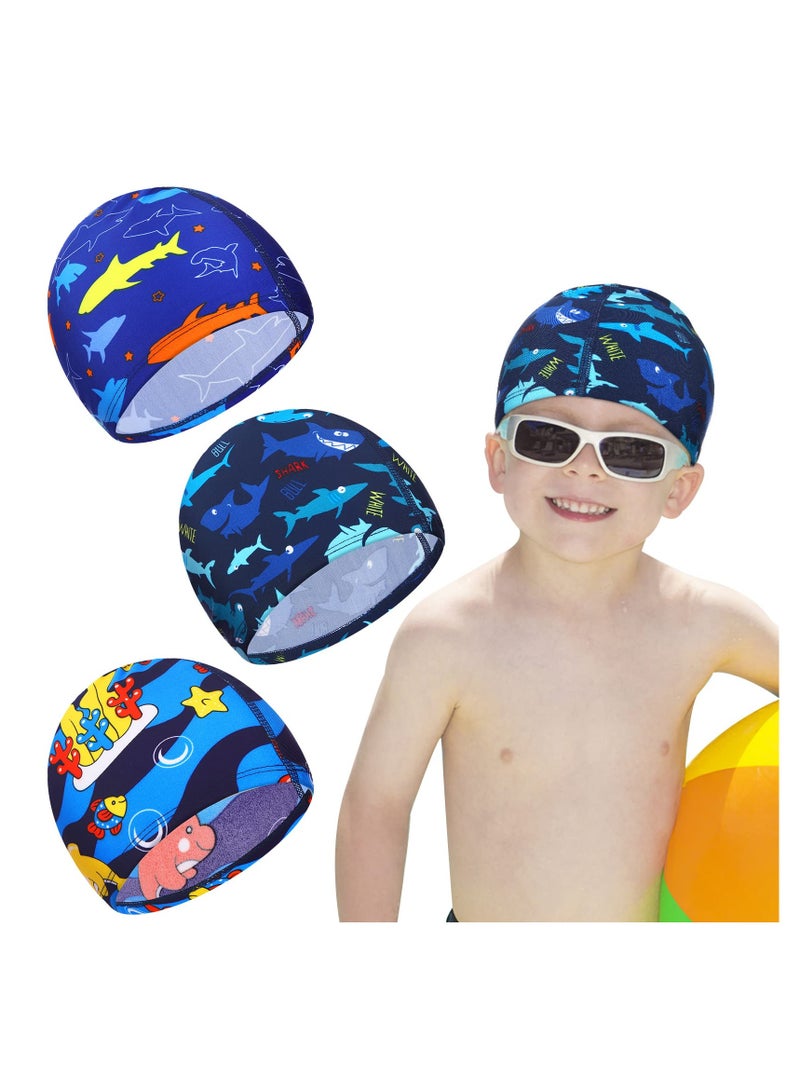 Kids Swim Caps - 3-Piece Shark and Dolphin Bathing Swimming Hats for Boys and Girls - Unisex Polyester Caps for Summer Water Adventures