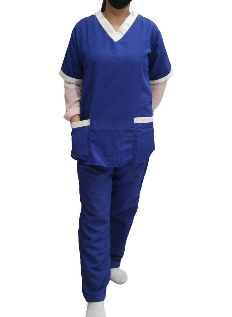 V-Neck Scrub Suit for Nurses and Housekeepers, Short Sleeve with White Piping