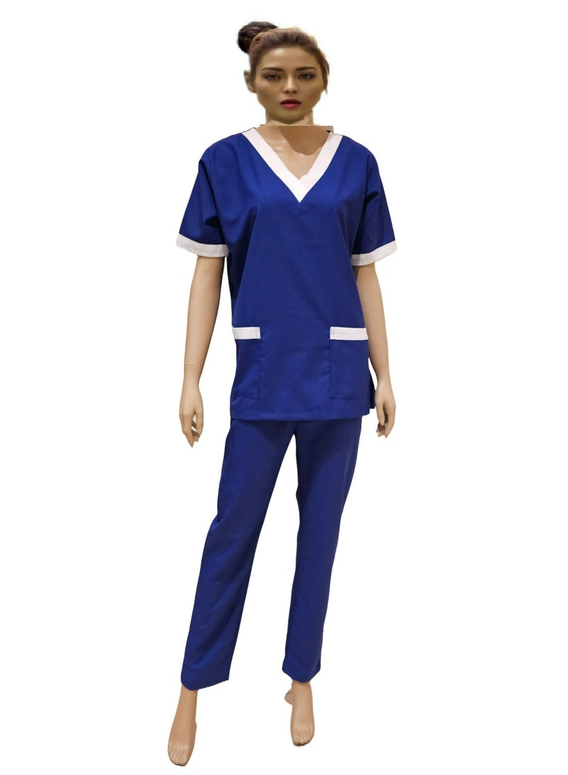 V-Neck Scrub Suit for Nurses and Housekeepers, Short Sleeve with White Piping