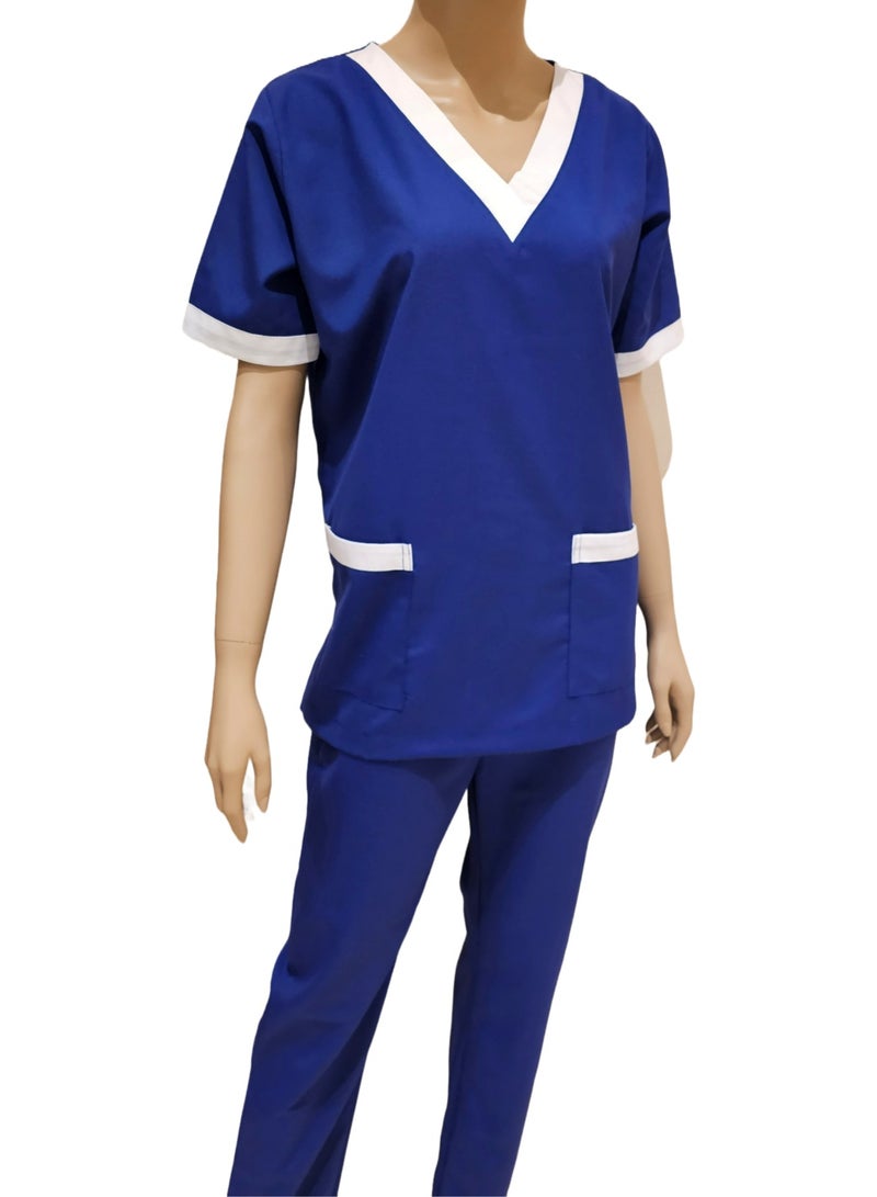 V-Neck Scrub Suit for Nurses and Housekeepers, Short Sleeve with White Piping