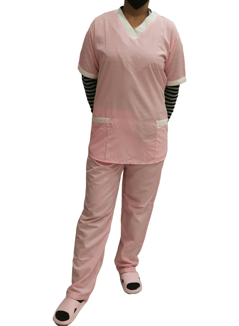 V-Neck Scrub Suit for Nurses and Housekeepers, Short Sleeve with White Piping