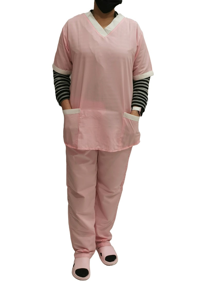 V-Neck Scrub Suit for Nurses and Housekeepers, Short Sleeve with White Piping