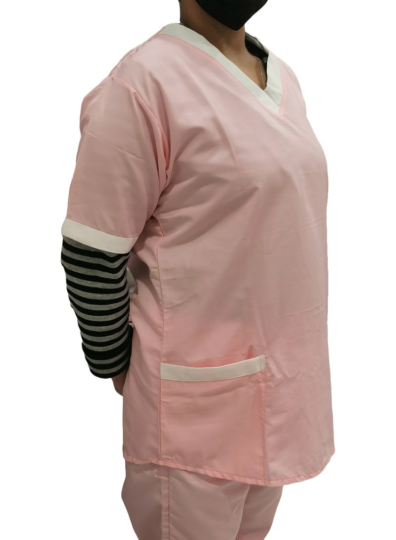 V-Neck Scrub Suit for Nurses and Housekeepers, Short Sleeve with White Piping