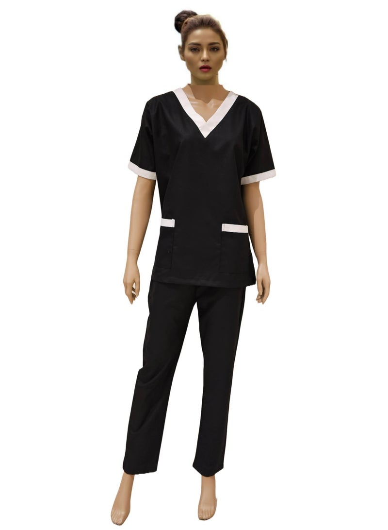 V-Neck Scrub Suit for Nurses and Housekeepers, Short Sleeve with White Piping