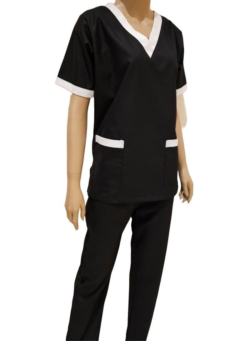 V-Neck Scrub Suit for Nurses and Housekeepers, Short Sleeve with White Piping