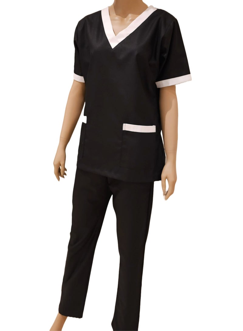 V-Neck Scrub Suit for Nurses and Housekeepers, Short Sleeve with White Piping