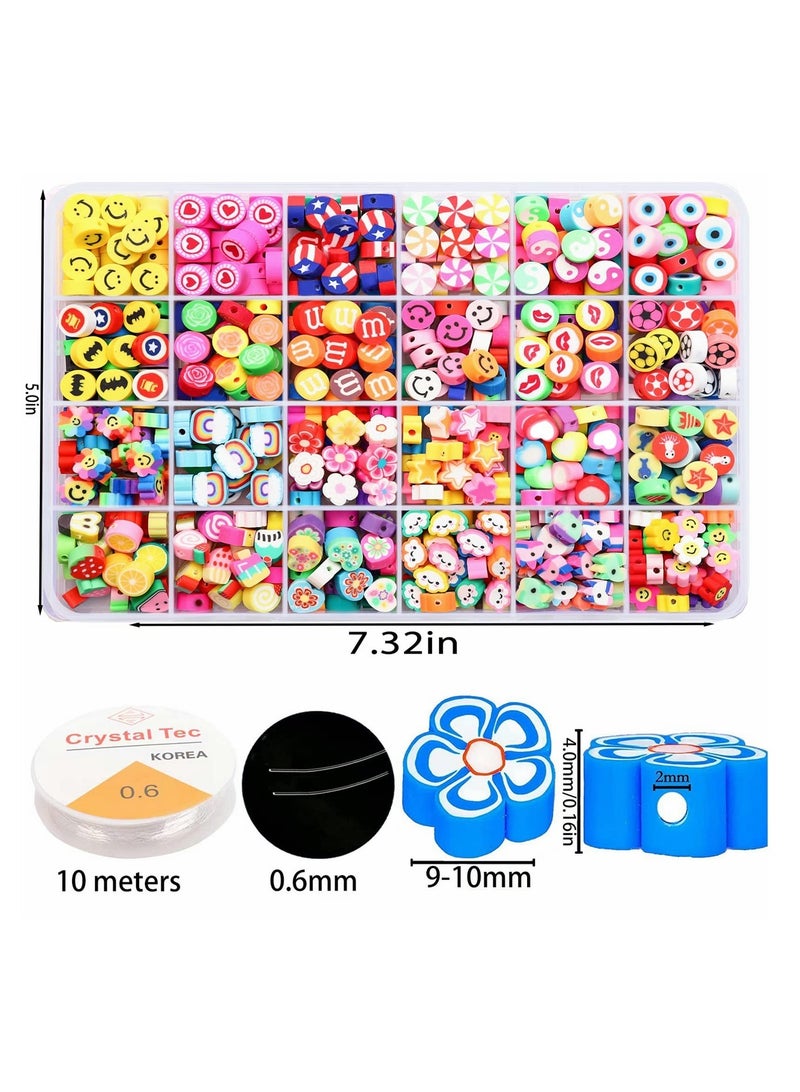360 Pieces Polymer Clay Beads for Jewelry Bracelet Making Kit 24 Styles Preppy Beads DIY Arts and Crafts Kit Include Flower Smiley Face Bead Charms