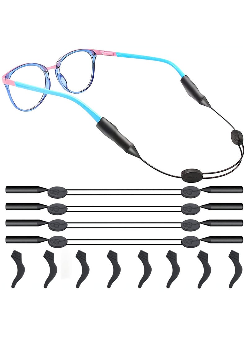 Adjustable Glasses Strap, Universal Fit Sports Sunglasses Retainer, Upgrade No Tail Anti-Slip Eyeglass Strap, Comes With Ear Hook-4Pairs, Men, Women, Children (4Pcs Elegant Black)
