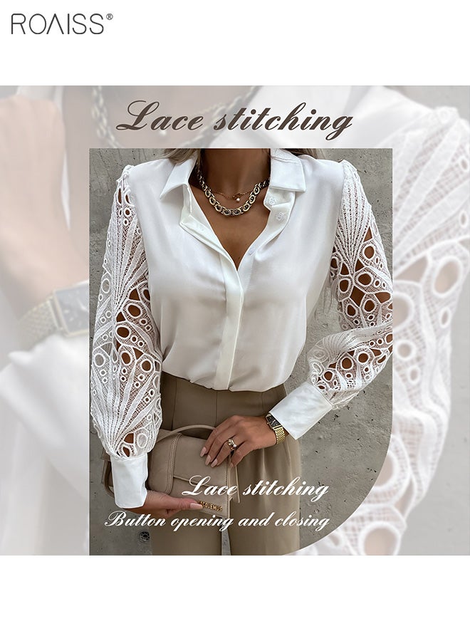Women's Satin Lace Blouse Classic V Neck Lapel Design Long Sleeve Cuffs are Tightened Button Open and Close Fashion Top